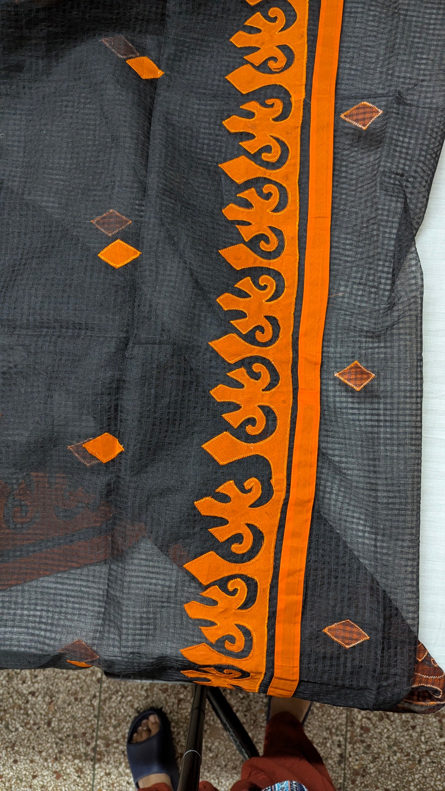 Black Orange Kota Doria Applique Saree | Summer Saree