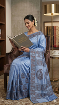 Bishnupuri Pure Katan Silk - Metallic Blue | Handloom Saree | Handblock print