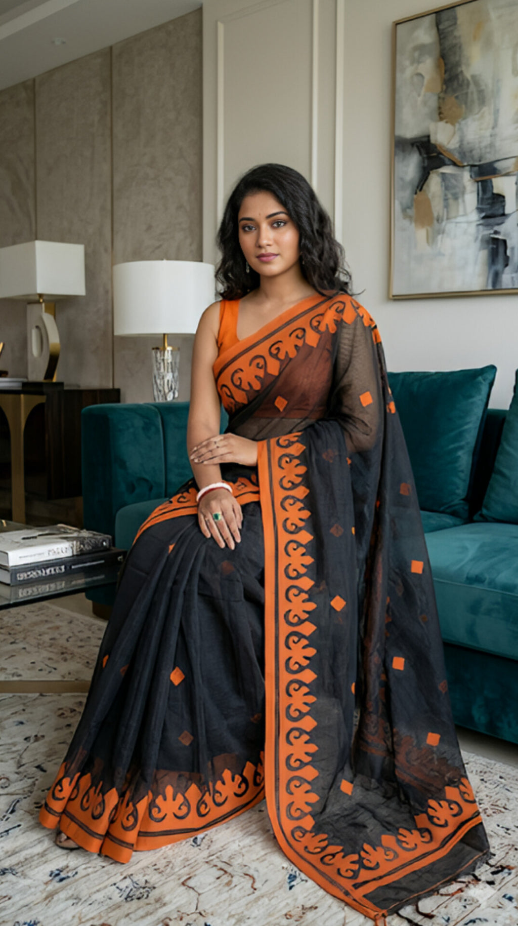 Black Orange Kota Doria Applique Saree | Summer Saree