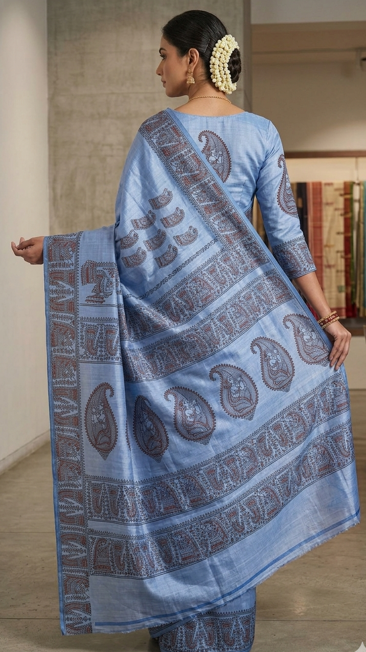 Bishnupuri Pure Katan Silk - Metallic Blue | Handloom Saree | Handblock print